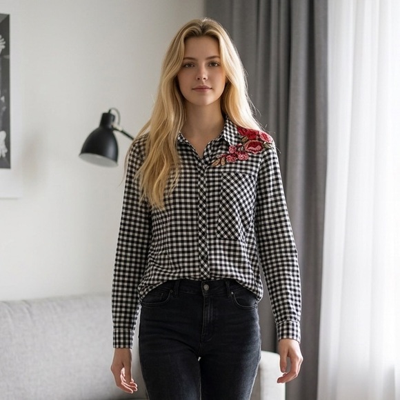 Tops - Black and White Checkered Shirt with Red Floral Embroidery